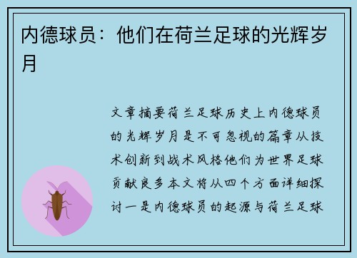 内德球员：他们在荷兰足球的光辉岁月