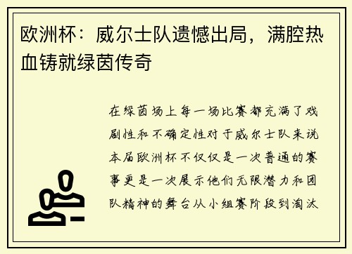 欧洲杯：威尔士队遗憾出局，满腔热血铸就绿茵传奇